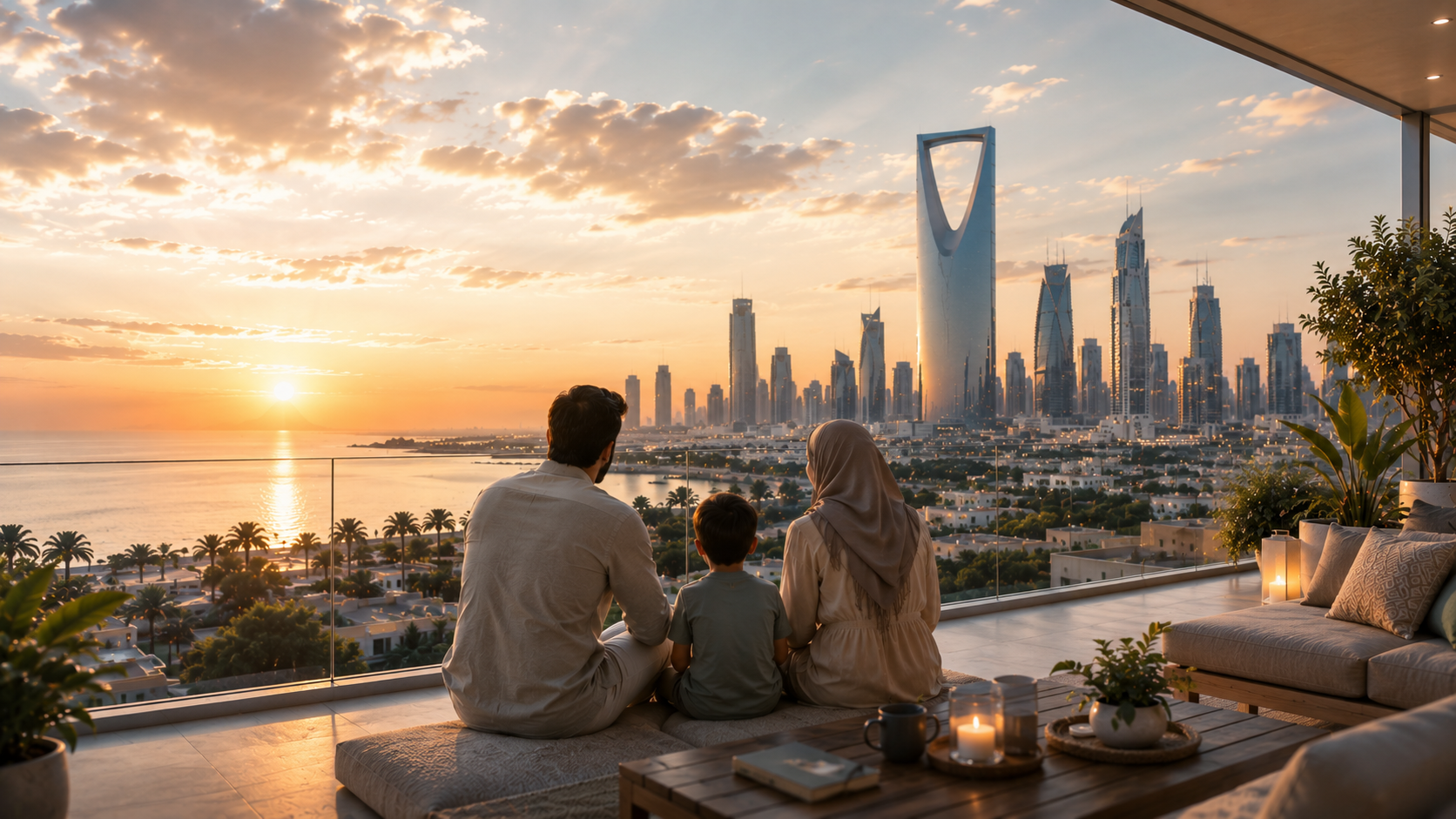 Saudi family on rooftop overlooking Riyadh skyline — DOTFORLIFE
